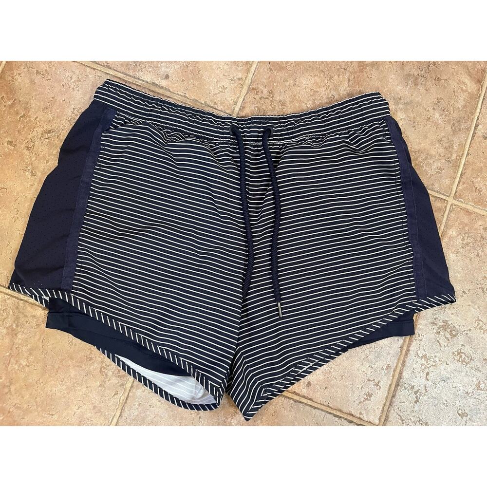 Tangerine M Drawstring Navy Blue/White Striped Lined Athletic Shorts Back Pocket